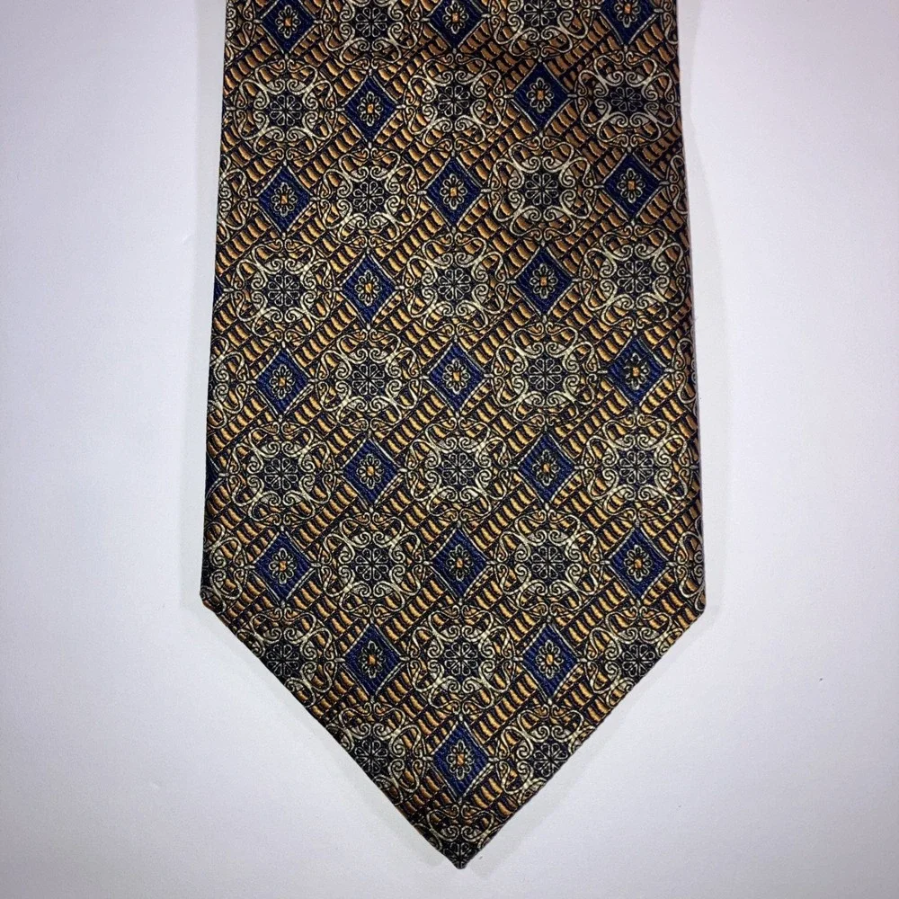 Jos A Bank Signature Gold Silk Tie Gold Blue Medallion Handmade in USA Ltd‎ Ed